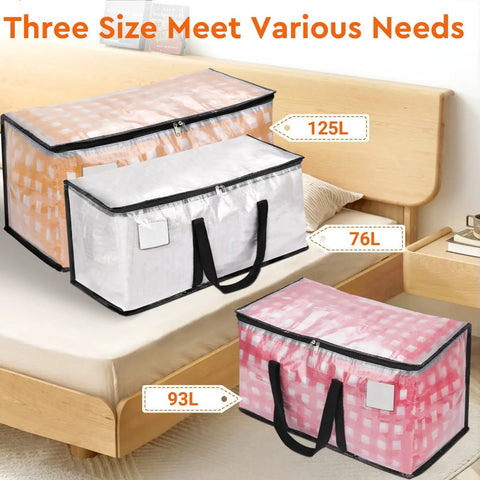 Heavy Duty Moving Totes 8 Pack 93L Extra Large Storage Bags in three sizes on bed with zipper and handles