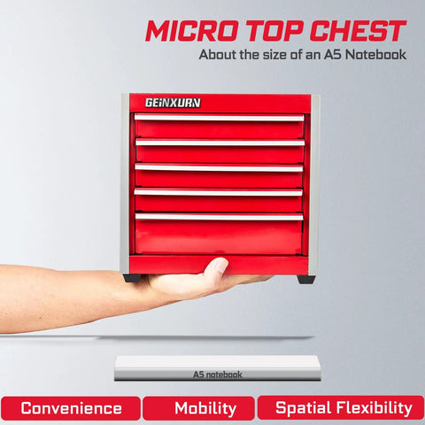 Person holding small red tool chest with five drawers labeled Micro Top Chest, shown with A5 notebook for scale comparison.