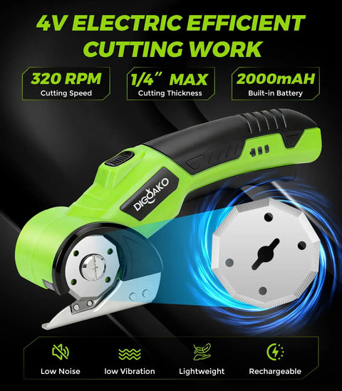 Heavy Duty Cordless Electric Scissors With Led Light And Safety Lock, 4V motor, lightweight design for cutting fabric and cardboard.