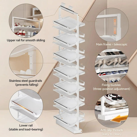 Heavy Duty Slide Out Shoe Rack Badass Adjustable Organizer With 4 To 15 Tiers showcasing telescopic frame and stainless steel guardrails.