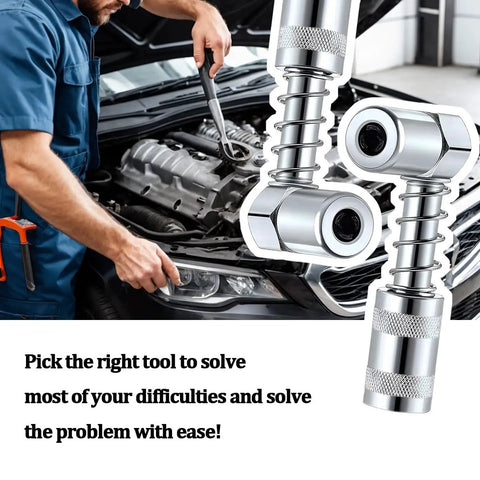 Mechanic using 90 Degree Grease Coupler Adapter 2 Pack for Tight Spaces Right Angle Grease Gun Fittings on vehicle engine