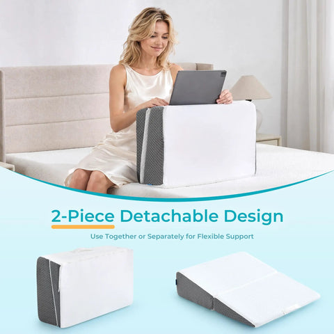 Real Deal Detachable Two Piece Bed Wedge Pillow Is A Total Game Changer For Post Surgery Recovery And Easy Night Rest With An Extended 29 Inch Width That Keeps You Propped Up In Solid Comfort. Woman using wedge pillow with tablet.
