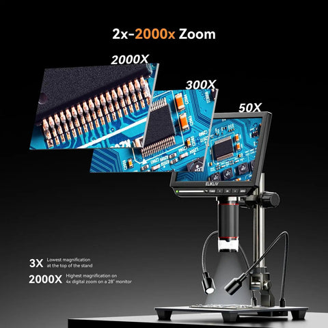 4K Coin Digital Microscope With 8 Inch LCD, 52MP Imaging, HDMI Output, Soldering Microscope For Electronics And Jewelry, Ultra Clear Micro Detail, Adjustable LED Lighting, Live View For Hobbyists And Pros showing PCB zoom levels