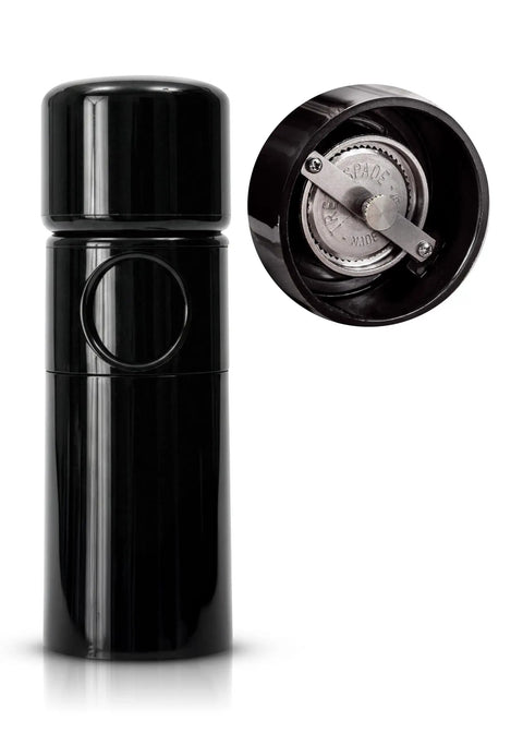 Unicorn Pepper Mill By Tre Spade Premium Kickin Manual Pepper Grinder interior view showing steel burrs, ABS plastic, 6-inch, Italy-made.