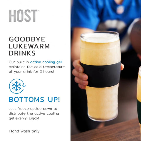 Level Up Your Chill Game With These Freezable Pint Glasses Double Walled Insulated Tumblers That Keep Beer And Iced Coffee Straight Frosty Built To Last Set Of Two Wooden Handles, showcasing chilled drink in hand.