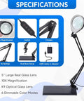 Specifications of 10X Magnifying Desk Lamp With 96 LEDs, 5 Inch Real Glass Lens, Stepless Dimming, Adjustable Swivel Arm, Stand.