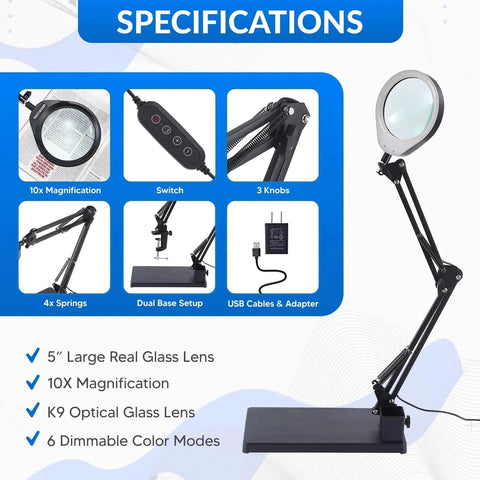 Specifications of 10X Magnifying Desk Lamp With 96 LEDs, 5 Inch Real Glass Lens, Stepless Dimming, Adjustable Swivel Arm, Stand.