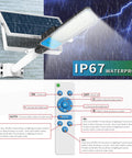 Two Pack 200W Solar Street Light With Motion Sensor Crazy Bright 192 LED Flood Light Die Cast Aluminum IP67 Waterproof Dusk To Dawn Outdoor Lighting For Parking Lot Yard Garden And Patio High Efficiency Solar Panel shown during storm with labeled remote control features.