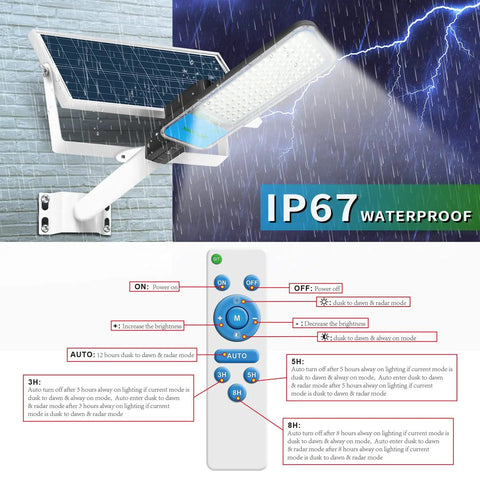 Two Pack 200W Solar Street Light With Motion Sensor Crazy Bright 192 LED Flood Light Die Cast Aluminum IP67 Waterproof Dusk To Dawn Outdoor Lighting For Parking Lot Yard Garden And Patio High Efficiency Solar Panel shown during storm with labeled remote control features.