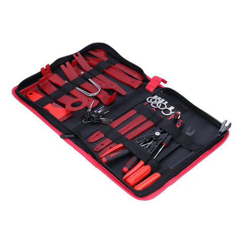 38 Piece Removal Tool Set For Panel Disassembly And Trim Clips Ergonomic Pry Tools in open red and black carry case