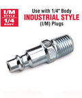 Industrial style I/M plug with 1/4 inch body for pneumatic tool connections, featuring high corrosion resistance.
