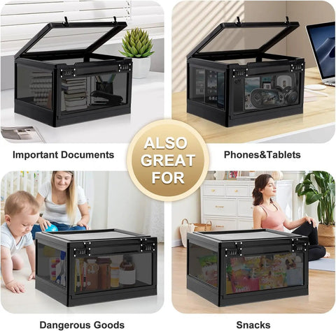 24 Liter Combination Lockable Storage Box for Personal Items Office Locker School Medicine Snacks Phones Electronics Home Keep Your Stuff Safe And Secure, shown with open lid storing documents, electronics, dangerous goods, and snacks.