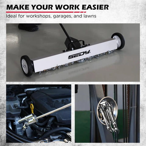 36 Inch Rolling Magnetic Sweeper With 40 Inch Telescoping Magnetic Pickup Tool in workshop setting, collecting metal debris.