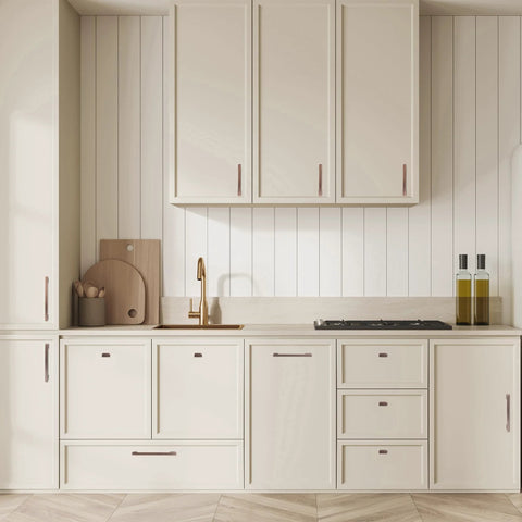 Modern kitchen with cream cabinets featuring 5 Inch 128mm Brushed Antique Copper Cabinet Pulls Handles Set 10 Pack Made From Solid Zinc Long Lasting Drawer Knobs.