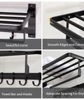 Pro Grade Heavy Duty Aluminum Wall Mount Towel Rack With Shelf And Hooks 24 Inch Double Foldable Towel Bar Matte Black Bathroom Organizer details