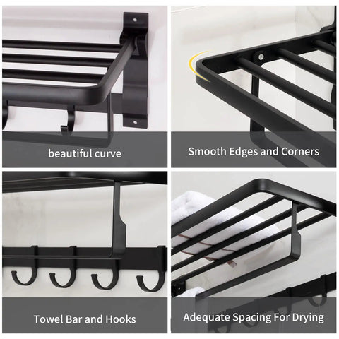 Pro Grade Heavy Duty Aluminum Wall Mount Towel Rack With Shelf And Hooks 24 Inch Double Foldable Towel Bar Matte Black Bathroom Organizer details