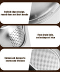 Close-up of Stainless Steel Rice Strainer Colander With Side Drain, Grater Lid, Hanging Hole, and V-Shaped Bottom, 304 Grade.