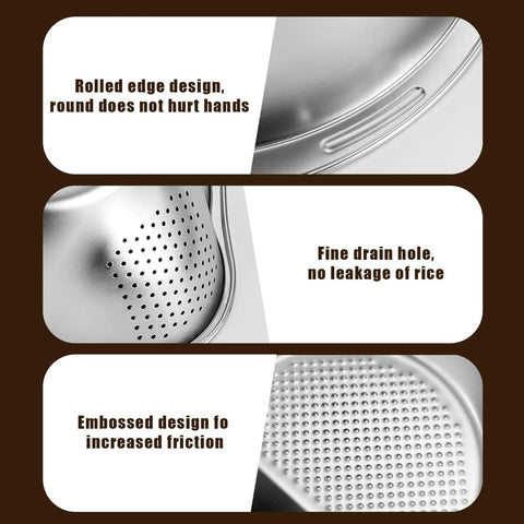 Close-up of Stainless Steel Rice Strainer Colander With Side Drain, Grater Lid, Hanging Hole, and V-Shaped Bottom, 304 Grade.