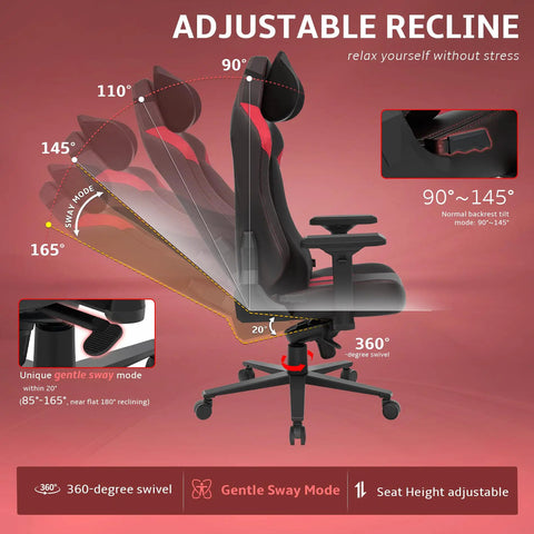 Diagram showing the adjustable recline of Comfy Ergonomic Gaming Chair With 4D Armrests, demonstrating tilt angles and sway mode.