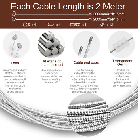 Premium 4-Piece Bike Brake Cable Set showing 2m cables, stainless steel strands, end caps, and transparent O-rings.