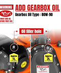 Warning sign for adding gearbox oil on 48 Inch Rotary Tiller For 3 Point Hitch Cat 1 And 2 Gear Drive With PTO Shaft Included