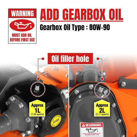 Warning sign for adding gearbox oil on 48 Inch Rotary Tiller For 3 Point Hitch Cat 1 And 2 Gear Drive With PTO Shaft Included