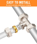 Three Quarter Inch Tee Air Fitting For Compressed Air Systems, Nickel Plated Brass With Double O Ring Seals, 200 PSI, installed view