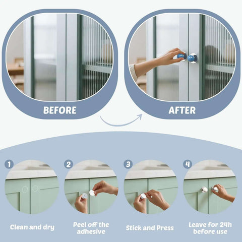 Image showing before and after installation of Slick Self Stick Cabinet Knobs 10 Pack Yellow Ceramic Ball Pulls on cabinets.