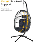 Curved backrest Comfy Hanging Egg Chair With Stand For Indoor Outdoor Use Wicker Patio Swing Chair With Cushions, side view