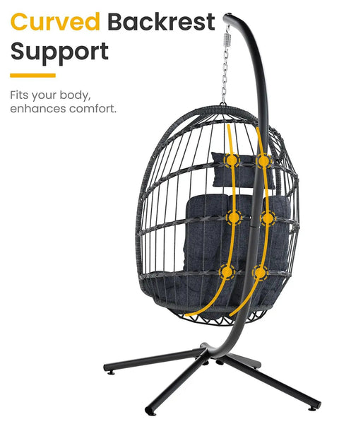 Curved backrest Comfy Hanging Egg Chair With Stand For Indoor Outdoor Use Wicker Patio Swing Chair With Cushions, side view