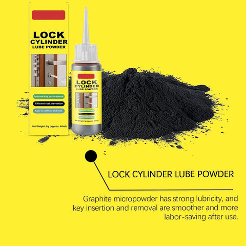 Lock Cylinder Lubricant Powder for Dry Key Operation and Jam Prevention bottle, packaging, and black powder