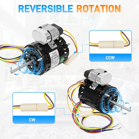 Reversible rotation 1/12 HP 1550 RPM refrigeration fan motor replacement, CW/CCW airflow for HVAC systems, Fasco compatible.