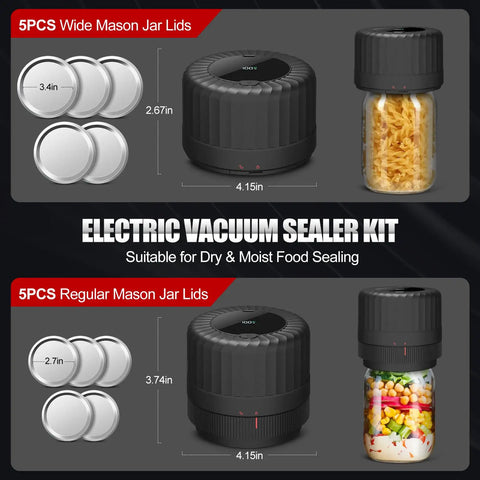 Electric Mason Jar Vacuum Sealer Kit with 10 Canning Lids, one touch sealing, wide and regular mouth lids sizes shown, jar with food.