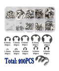 Pro Grade E Clip Kit With 200 To 550 Pieces, Stainless Steel E-Type Retaining Rings shown in 1.5mm to 10mm sizes, organized in a box