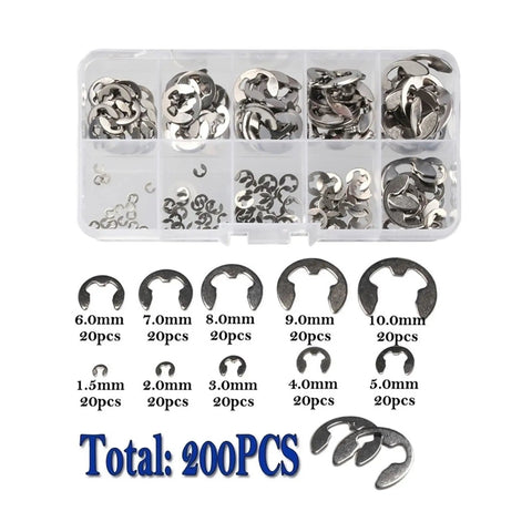 Pro Grade E Clip Kit With 200 To 550 Pieces, Stainless Steel E-Type Retaining Rings shown in 1.5mm to 10mm sizes, organized in a box