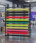 Heavy Duty Garage Mobile Vinyl Wrap Organizer Rack Featuring Adjustable Multi Tier Metal Frame And Smooth Rolling Lockable Casters with vibrant vinyl rolls.