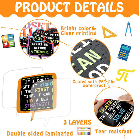 Math Growth Mindset Bulletin Board Set For Classrooms showing colorful laminated text cutouts with math symbols and phrases.