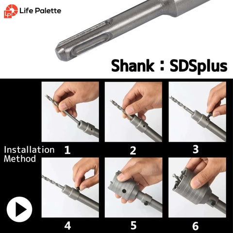 Life Palette SDS Plus hole saw kit with 5 circle saws (30–70 mm) and drill bits for concrete and brick walls.