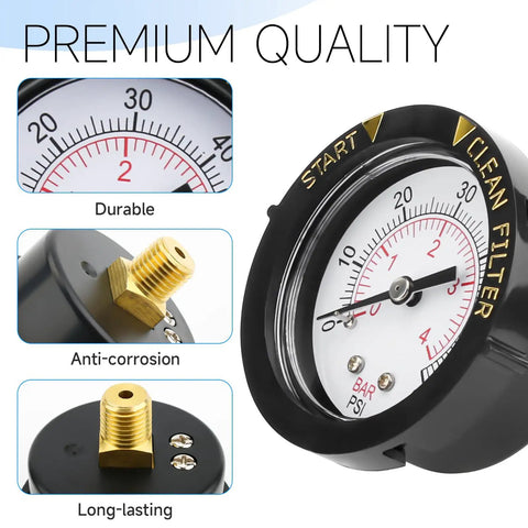 Pool Pressure Gauge Replacement For Spa Valve And Filter Fits 190059 Style Gauges Works With Nautilus Plus Cristal Flo Triton And More Plug And Play Install For Quick Pool And Spa Setup, 2-inch dial brass threaded gauge