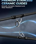 Close-up of premium ceramic guides on 4 Piece Travel Spinning Rod for Freshwater and Saltwater, carbon fiber construction