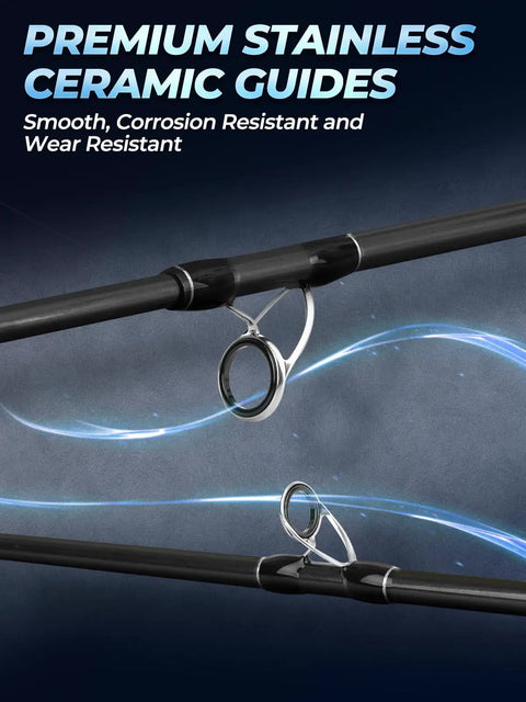 Close-up of premium ceramic guides on 4 Piece Travel Spinning Rod for Freshwater and Saltwater, carbon fiber construction