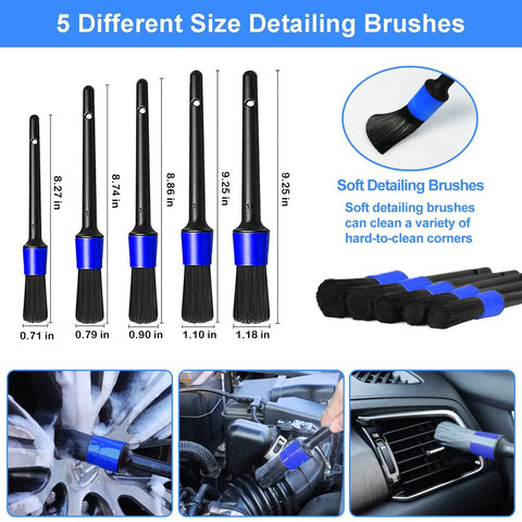Five different size detailing brushes with blue handles from All In One 17 Piece Car Wash Kit With Long Handle Brush Mitt Sponge Chenille Replacement Head Windshield Squeegee Duster And Detailing Brushes For Cars SUVs Trucks And RVs That Keeps Your Ride Looking Sparkling Clean