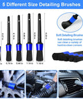 Five different sizes of detailing brushes from the 62 Inch Car Wash Kit With Mitt Sponge Long Handle Scratch Free Chenille Head Wheel Tire Brush Detailing Kit For Cars SUVs Trucks And RVs 20 Piece All In One Set shown cleaning various car parts.