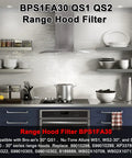 Modern kitchen showcasing range hood with BPS1FA30 aluminum mesh grease filter installed.