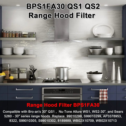 Modern kitchen showcasing range hood with BPS1FA30 aluminum mesh grease filter installed.