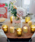 Rechargeable Flameless Votive Candles With Remote And Timer, 12 Pack Warm White Electric Tea Lights on wooden tray