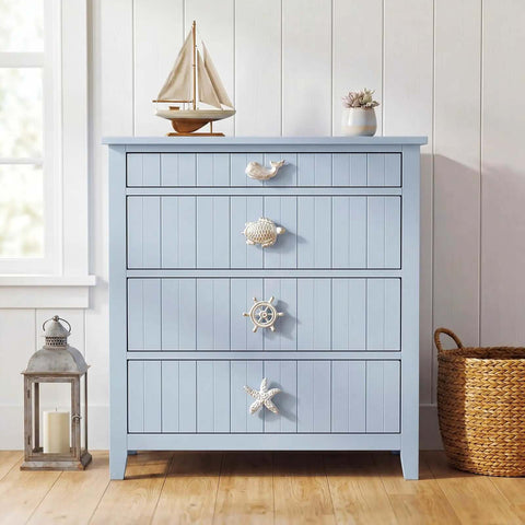 Dresser with Coastal Nautical Cabinet Knobs Eight Piece Set with starfish, sea turtle, rudder, whale pulls, white gold finish