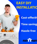 Man with tools standing next to washing machine promoting easy DIY installation, cost-effective, time-saving, hassle-free.