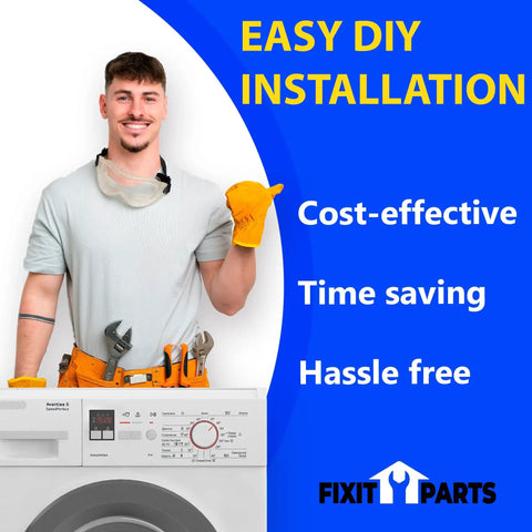 Man with tools standing next to washing machine promoting easy DIY installation, cost-effective, time-saving, hassle-free.