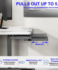 Sliding Under Desk Laptop Mount No Drill Setup With Slick Metal Storage Shelf For Grab And Go Access And Hidden Workspace Saver showing smooth pull-out feature up to 5.9 inches.